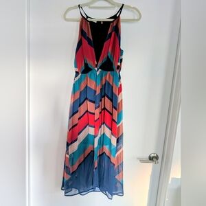 Sleeveless Chevron Maxi Dress in Coral, Teal & Navy